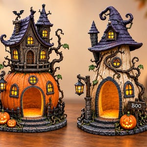 May include: Two decorative Halloween-themed structures featuring illuminated windows and doorways. One is a pumpkin-shaped house with a dark tower, the other a tree-trunk house with a purple roof. Both include small jack-o'-lanterns and lanterns.