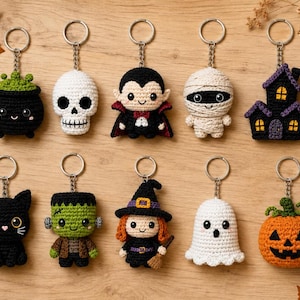 May include: A collection of ten Halloween-themed crochet keychains featuring a black cauldron, a white skull, a vampire, a mummy, a purple and black haunted house, a black cat, Frankenstein's monster, a witch, a white ghost, and an orange pumpkin.