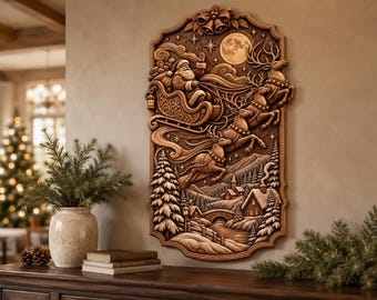 STL-Datei für Relief-Weihnachtsmannschlitten, Rentier-Nachthimmel-CNC-Holzschnitzdatei, Weihnachtswandbild, 3D-Druck-Lasergravurmodell, digitaler Download