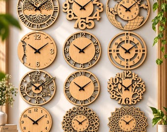 Paquete de archivos SVG de relojes: 10 diseños, esfera de reloj cortada con láser, plantilla de reloj de madera decorativo, Glowforge, Cricut, Silhouette, DXF, PNG. Descarga