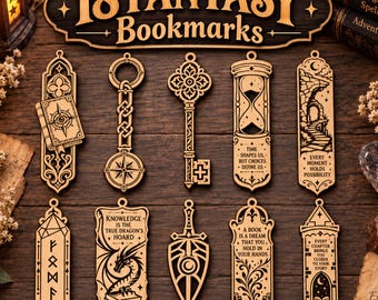 Lesezeichen-Bundle im Gothic-Fantasy-Stil (SVG), 18 lasergeschnittene Lesezeichen-Designs aus Holz, Gravurvorlagen, Geschenk für Bücherliebhaber, SVG-, PNG-, JPG-, DXF- und EPS-Dateien