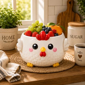 May include: A white ceramic bowl shaped like a chicken with a red comb and wattle, yellow beak, and black eyes. The bowl is filled with green grapes, blueberries, strawberries, and an orange. It features textured white feathers on the exterior.