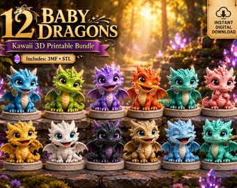 12 Baby-Drachen im STL-Format, Kawaii-Drachen-3MF-Dateien, niedliche Fantasy-Drachenfiguren, 3D-druckbare Drachenmodelle, Sofort-Download