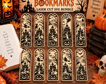 24 Halloween-Lesezeichen-SVG-Dateien, gruselige Geister-, Kürbis- und Fledermaus-Laserschnittvorlagen, Geschenkideen für Buchliebhaber (Dateien für Glowforge und Cricut), digitaler Download
