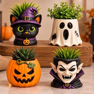 Halloween Planter STL Bundle 4 Files Skull Pumpkin Ghost Plant Pots 3D Print Spooky Succulent Planter Printable STL Download
