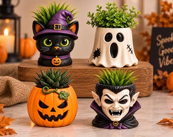 Halloween-Pflanzgefäß-STL-Bundle (4 Dateien): Totenkopf, Kürbis, Geist – Pflanztöpfe zum 3D-Drucken – Gruselige Sukkulenten-Pflanzgefäße (druckbare STL-Datei)