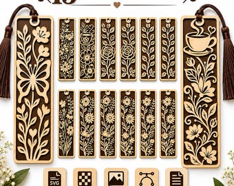 Paquete de archivos SVG de marcapáginas florales, archivos de madera para corte láser con flores botánicas, plantillas de regalo para amantes de los libros para Glowforge xTool DXF, descarga digital.