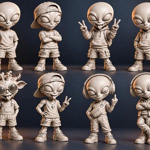 Grumpy Alien STL-paket | Roliga Alien 3D-utskriftsfiler | Söta, oförskämda Alien-figurer | Sci-fi-tecknade modeller | 8 designer | Direkt nedladdning