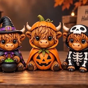 Halloween Highland Cow STL-paket 3 filer söt läskig ko 3D-utskrift STL gårdsdjursdekor kawaii ko utskrivbar STL-nedladdning