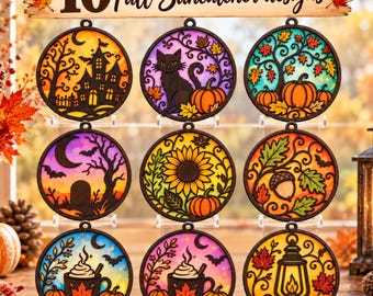 Herbstliche Sonnenfänger-SVG-Bundle, Kürbis-Fensterdeko, Herbstliche lasergeschnittene Holzornamente, Lichtfänger-Dateien für Glowforge xTool, Digitaler Download