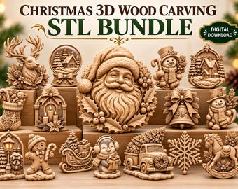 Weihnachtliches STL-Bundle, 3D-Holzschnitz-CNC-Dateien, Festtagsdeko-Paket, Weihnachts-Fräsgravurmodelle, festliches digitales STL-Download-Set
