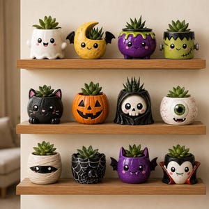 May include: Twelve ceramic succulent planters shaped like Halloween characters including a ghost, moon, cauldron, Frankenstein, cat, pumpkin, skull, eyeball, mummy, spider web, bat, and vampire, each holding a small green succulent plant.