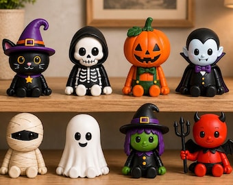 Zestaw figurek Halloween STL 8 plików Ruchomy duch dynia nietoperz Druk 3D Elastyczne zabawki Straszne wydruki STL Pobierz