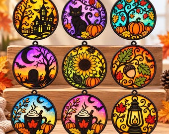 Paquete de archivos SVG para atrapasoles de otoño, decoración de ventanas con calabazas, adornos de madera cortados con láser para otoño, archivos para atrapaluz para Glowforge xTool, descarga digital.