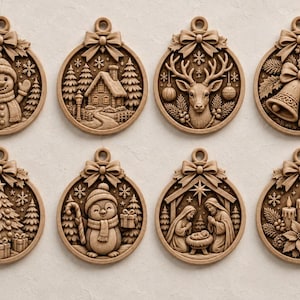 May include: Eight circular wooden ornaments featuring relief carvings of holiday scenes including a snowman with a sign reading Let it Snow, a cabin, a reindeer, bells, a Christmas tree, a penguin, a nativity scene, and candles with poinsettias.