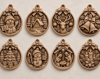 STL-Set für Weihnachtsschmuck, 8 CNC-Holzschnitzdateien, Reliefmodelle für Baumdekorationen, 3D-Druck-Paket für Weihnachtsdeko (digitaler Download)