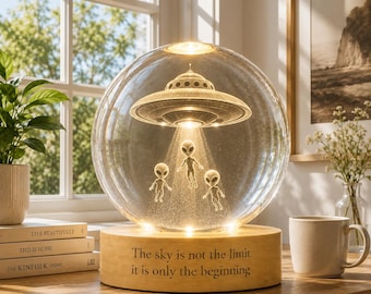 Personalized UFO Crystal Ball Lamp, Alien Night Light, Laser Engraved Glass Orb, Sci-Fi Space Decor, Unique Gift for UFO Lovers Dad Him