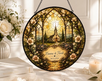 Personalized Wedding Chapel Stained Glass Suncatcher, Custom Couple Window Hanging, Elegant Wedding Gift, Chapel Keepsake Decor