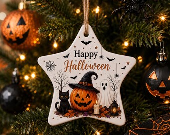 Happy Halloween Star Ornament, Personalized Ceramic Tree Ornament, Pumpkin Ghost Cat Hanging Decoration, Spooky Halloween Keepsake Gift