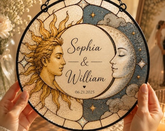 Personalized Sun & Moon Wedding Stained Glass Suncatcher, Custom Bride Groom Names, Wedding Date, Celestial Window Hanging Gift