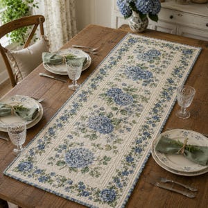 May include: A rectangular quilted table runner featuring a repeating pattern of blue hydrangea blossoms and green leaves on a cream background, bordered by a smaller floral print, displayed on a wooden table with matching plates and glassware.