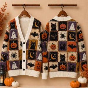 Gilet tricoté d'Halloween pour femme, pull boutonné avec fantôme, citrouille et chat noir, gilet patchwork confortable pour l'automne