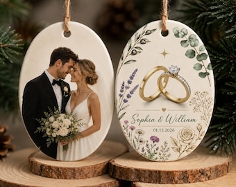 Personalized Heart Ceramic Ornament, Custom Photo or Name, 1 or 2-Sided Print, Wedding Keepsake, Anniversary Gift