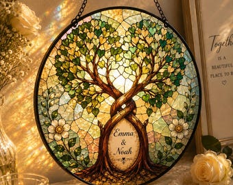 Tree of Love Personalized Stained Glass Suncatcher, Custom Wedding Gift for Couple, Family Heritage Window Hanging, Wedding Keepsake Decor
