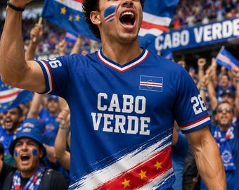 Puede incluir: Una camiseta azul de manga corta con el texto CABO VERDE impreso en blanco en el pecho. La prenda presenta una franja diagonal blanca y roja en la parte inferior con cinco estrellas amarillas y el número 26 en la manga.