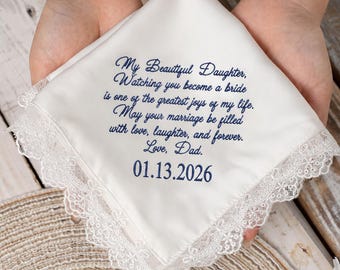 Pañuelo de boda bordado personalizado para la novia de parte de su padre, pañuelo de satén personalizado, recuerdo nupcial
