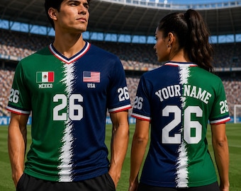 Camiseta de malla personalizada mitad EE. UU. mitad México para hombres y mujeres, camiseta personalizada con nombre y número, regalo para fanáticos del fútbol de dos naciones para hombres, mujeres y niños.