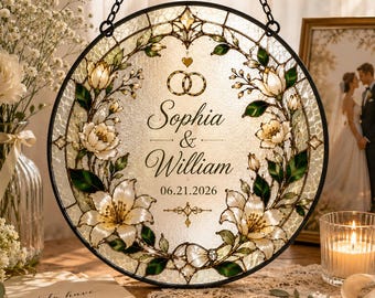 Personalized Printed Wedding Stained Glass Suncatcher, Custom Bride & Groom Names, Wedding Date, Anniversary Keepsake Gift