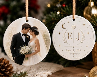 Personalized Wedding Ceramic Ornament Set – Custom Photo & Monogram Round Ornaments, Single or Double Sided Keepsake Gift