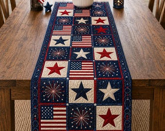 Camino de mesa acolchado patriótico, decoración de mesa para el 4 de julio, camino de mesa con patchwork de la bandera estadounidense y fuegos artificiales, decoración navideña para el hogar con temática de EE. UU.