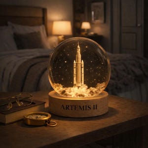 May include: A snow globe with a rocket ship design, set within a starry scene. The globe rests on a wooden base, inscribed with "ARTEMIS II". The scene is illuminated with a warm glow, creating a cosy atmosphere.