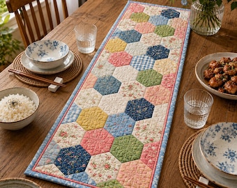 Pastel Hexagon Quilt Table Runner, Floral Patchwork Farmhouse Table Decor, Cottagecore Dining Table Topper Gift for Home Kitchen