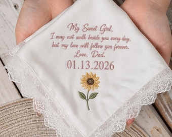 Personalized Embroidered Handkerchief for Daughter, Custom Message Hankie, Birth Flower Gift from Dad, Wedding Keepsake