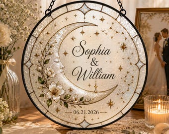 Personalized Crescent Moon Wedding Stained Glass Suncatcher, Custom Bride & Groom Names, Wedding Date, Celestial Window Hanging