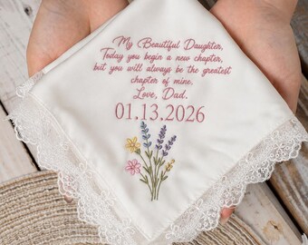 Personalized Birth Month Flower Wedding Handkerchief | Embroidered Bridal Handkerchief | Gift from Mom & Dad to Daughter
