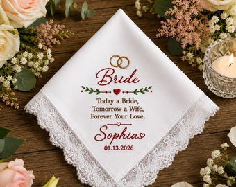 Pañuelo de novia bordado personalizado, pañuelo de boda de satén personalizado, regalo de recuerdo para la novia, regalo con nombre y fecha.
