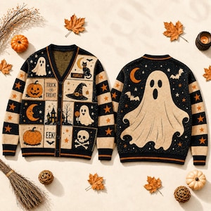 Puede incluir: Un cárdigan con cuello en V y un suéter con cuello redondo en negro y beige, con motivos de Halloween que incluyen fantasmas, calabazas, un sombrero de bruja, una calavera, una luna creciente y una casa encantada. Incluye el texto "TRICK OR TREAT", "EEK!" y "ASHLEY".