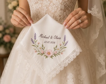 Personalized Embroidered Wedding Handkerchief, Custom Satin Handkerchief, Bride Gift, Wedding Keepsake, Anniversary Gift for Couple