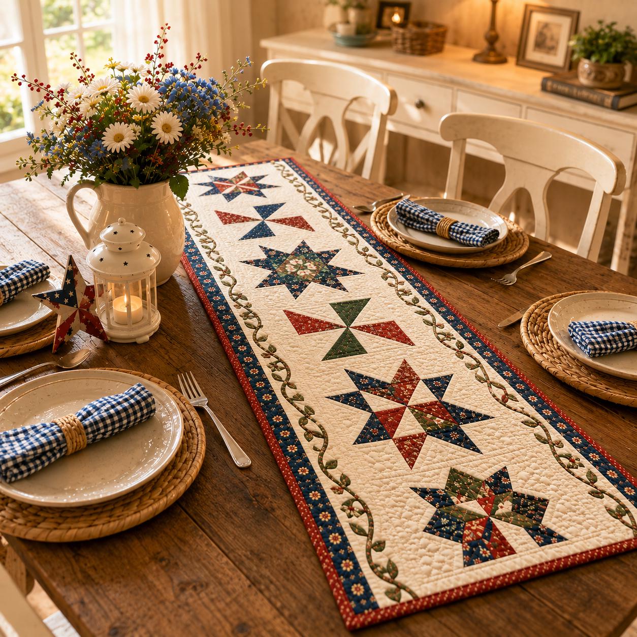 Discover Patriotic Quilted Table Runner, Rustic Farmhouse Star Patchwork Table Decor, Americana Dining Room Decoration Gift Idea