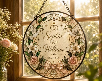 Personalized Wedding Stained Glass Suncatcher, Custom Couple Name Window Hanging, Dove Floral Anniversary Gift, Bridal Shower Decor