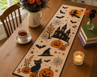 Halloween Table Runner, Spooky Haunted House Pumpkin Black Cat Table Decor, Jack O Lantern Fall Kitchen Decor, Halloween Dining Decor