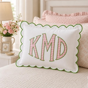 Personalized Monogram Pillow Cover, Custom Embroidered Initial Pillow, Scalloped Trim Pillowcase, Baby Room Decor, Newborn Gift
