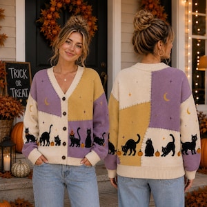 Cardigã feminino fofo de Halloween com estampa de gato preto e patchwork, suéter aconchegante de tricô com abóbora para o outono, cardigã vintage de outono com botões para presente.