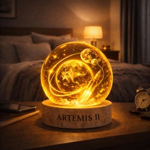 May include: A spherical lamp with a warm glow, showcasing a detailed representation of Earth, a rocket, a satellite, and the moon. The lamp is set on a wooden base, with the text "ARTEMIS II".