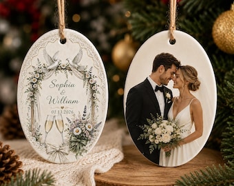 Personalized Ceramic Wedding Ornament, Custom Name & Date, Oval or Heart, Double-Sided Print, Bridal Keepsake Gift
