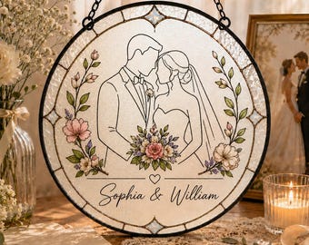 Personalized Line Art Wedding Stained Glass Suncatcher, Custom Bride & Groom Names, Floral Window Hanging, Wedding Keepsake Gift